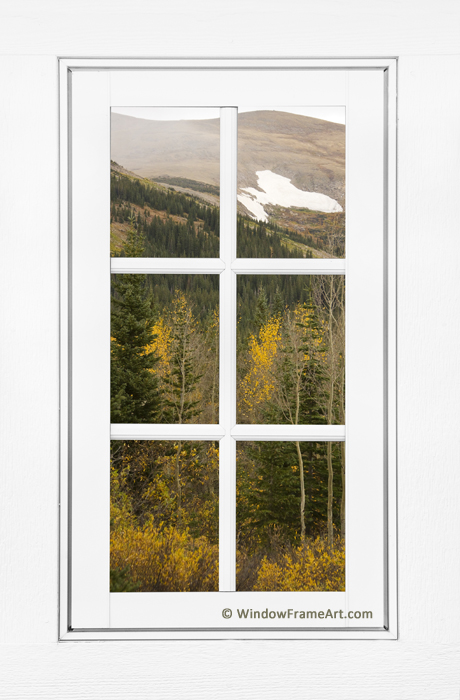 Autumn Rocky Mountain Glacier View Through a White Window Frame